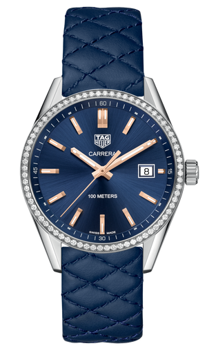 Tag Heuer Carrera Quartz Diamonds Blue Dial Blue Leather Strap Watch for Women - WAR1114.FC6391