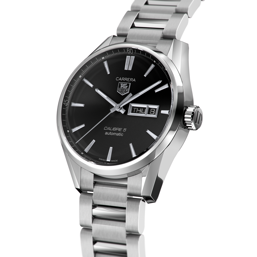 Tag Heuer Carrera Calibre 5 Automatic Black Dial Silver Steel Strap Watch for Men - WAR201A.BA0723
