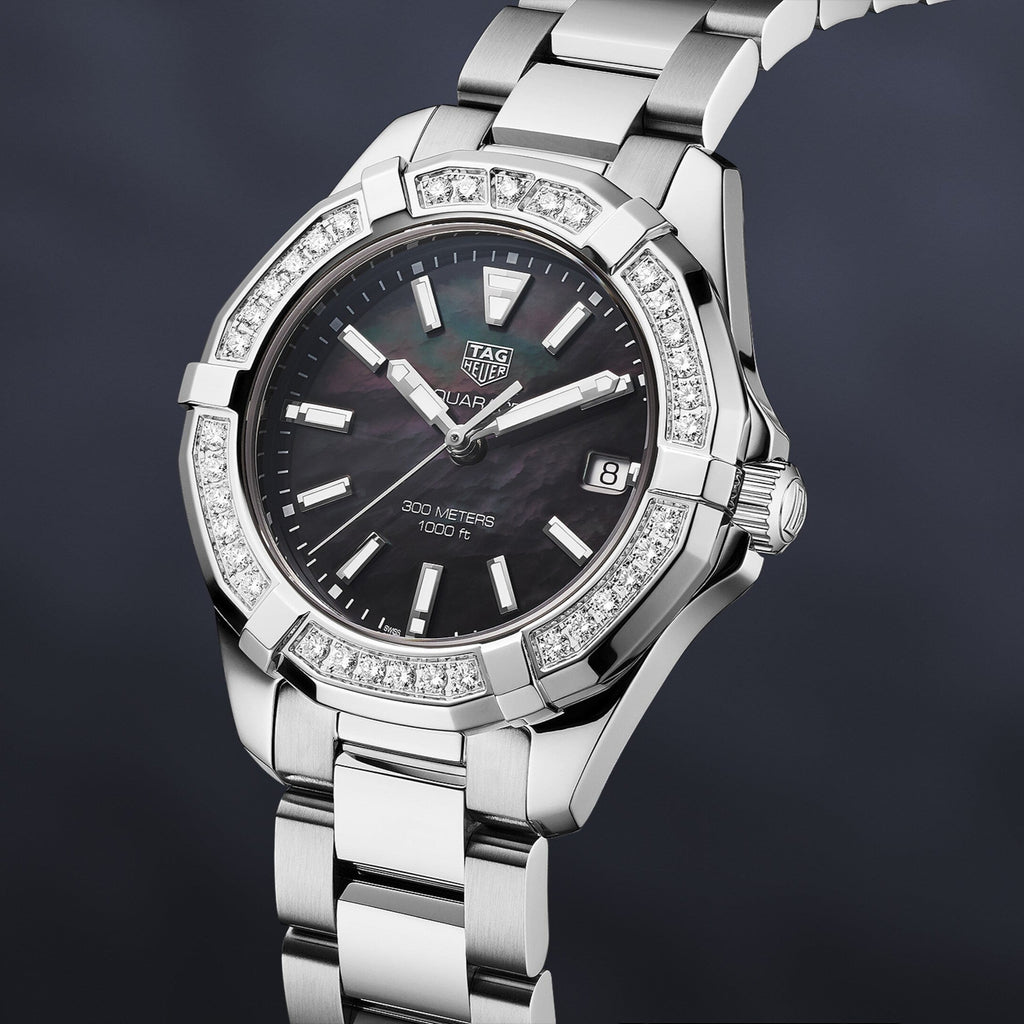 Tag Heuer Aquaracer Quartz Diamonds Black Dial Silver Steel Strap Watch for Women - WAY131P.BA0748