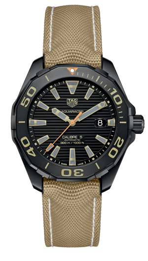 Tag Heuer Aquaracer 300 Calibre 5 Automatic Black Dial Brown Nylon Strap Watch for Men - WAY208C.FC6383