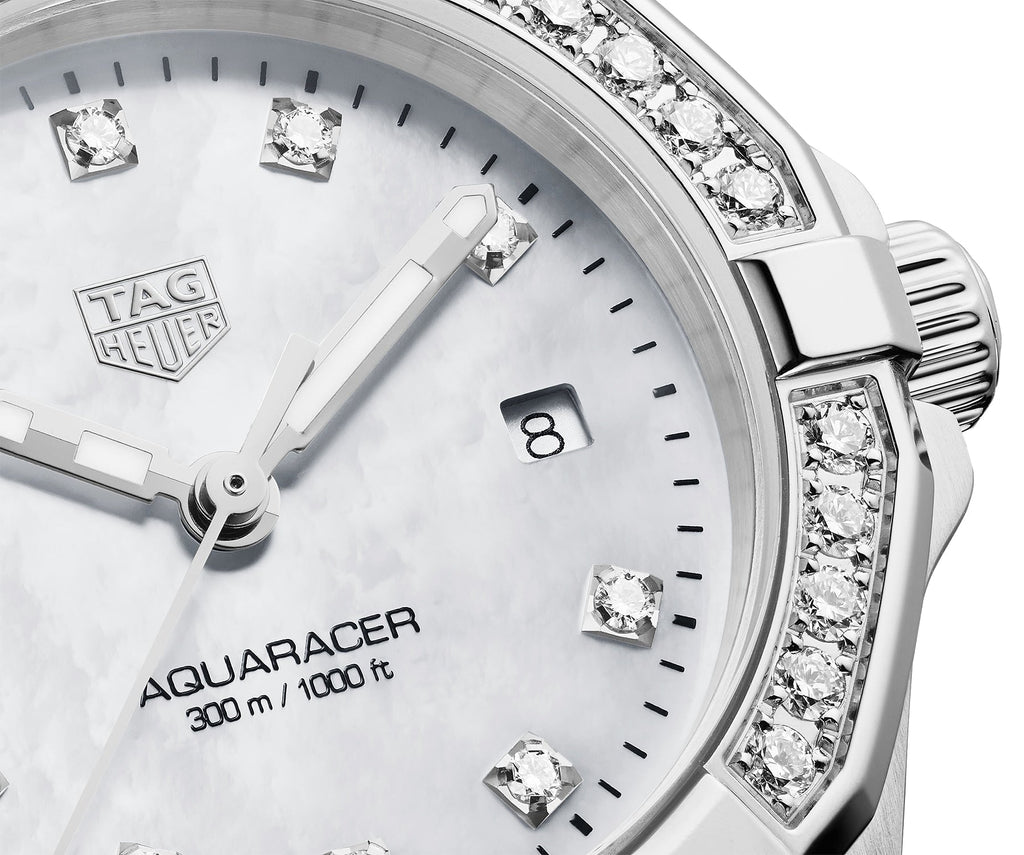 Tag Heuer Aquaracer Diamonds Mother of Pearl White Dial Silver Steel Strap Watch for Women - WBD1415.BA0741