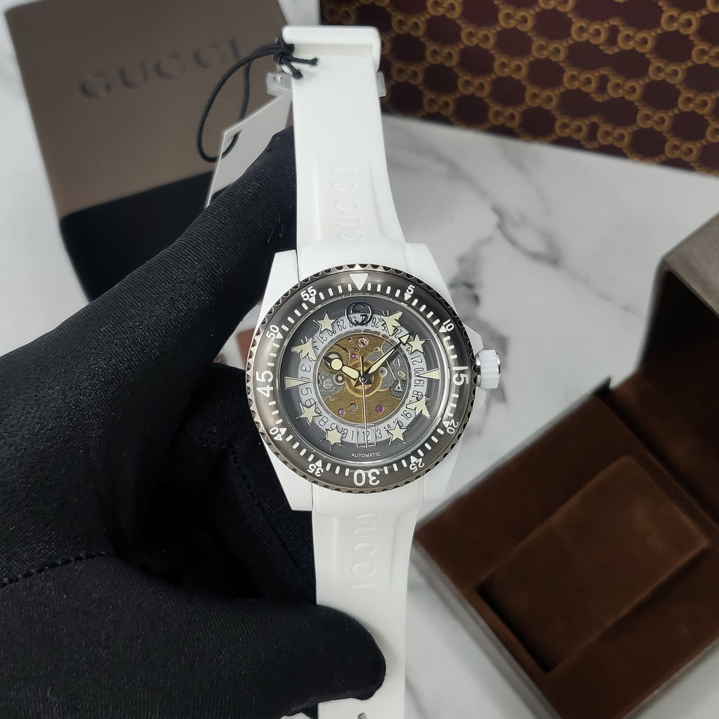 Gucci Dive Automatic Transparent Dial White Rubber Strap Watch For Men - YA136343