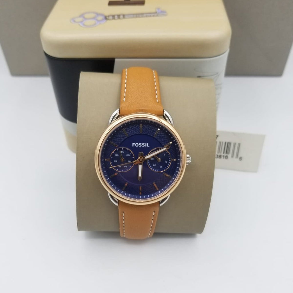 Fossil Tailor Date-Day Quartz Blue Dial Brown Leather Strap Watch for Women - ES4257