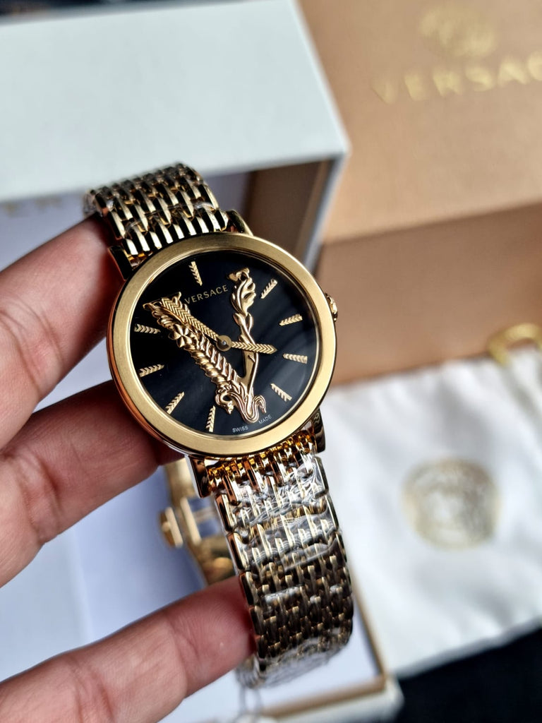 Versace Virtus Quartz Black Dial Gold Steel Strap Watch for Women - VEHC00619
