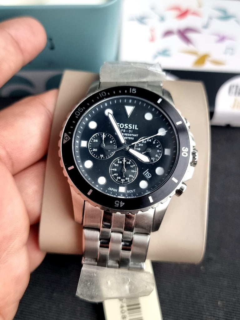 Fossil FS5837 FB-01 Chronograph Men’s Watch – Black Dial with Silver Steel Strap