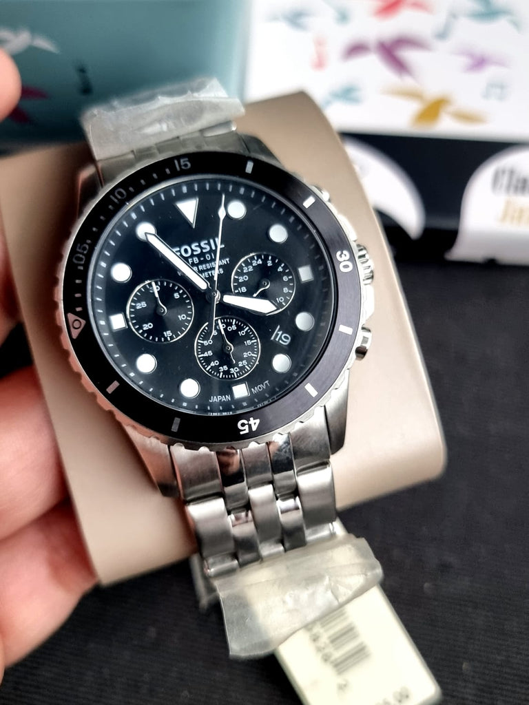 Fossil FS5837 FB-01 Chronograph Men’s Watch – Black Dial with Silver Steel Strap