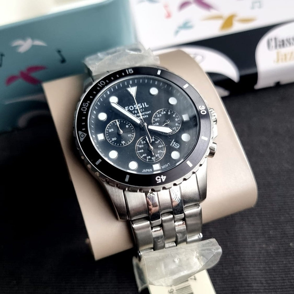 Fossil FS5837 FB-01 Chronograph Men’s Watch – Black Dial with Silver Steel Strap