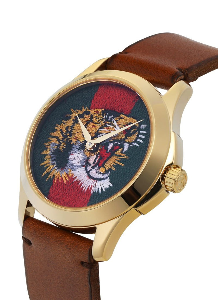 Gucci Le Marche Des Merveilles Red & Green Dial Brown Leather Strap Unisex Watch - YA126497