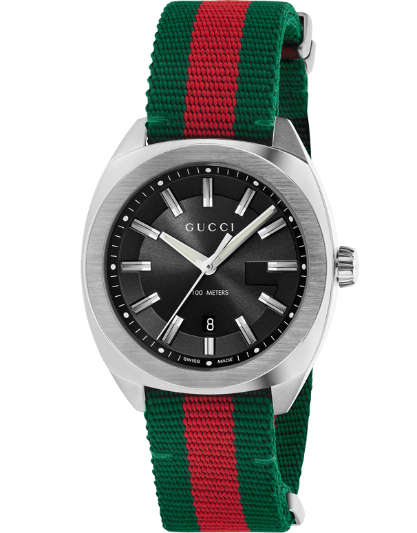 Gucci GG2570 Quartz Black Dial Green & Red Nylon Strap Watch For Men - YA142305
