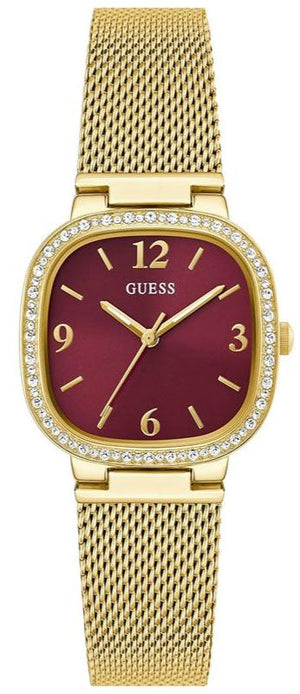 Guess Quartz Red Dial Gold Mesh Strap Watch For Women - GW0354L4