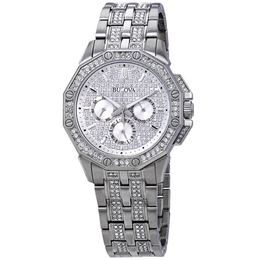 Bulova Crystal Collection Pave Silver Dial with Crystals Silver Steel Strap Watch for Men - 96C134