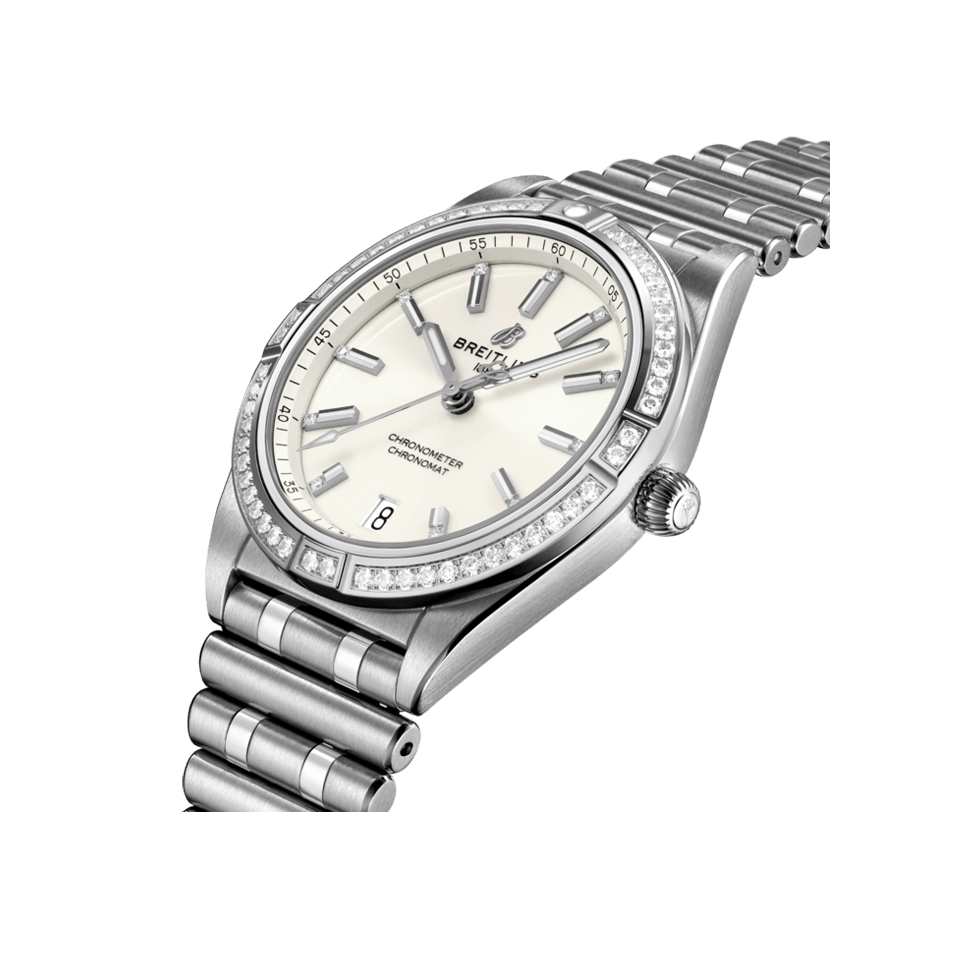 Breitling Chronomat Automatic 36 Diamonds White Dial Silver Steel Strap Watch for Women - A10380591A1A1