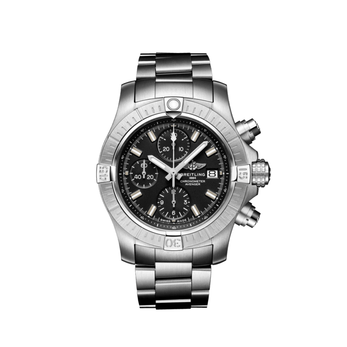 Breitling Avenger Chronograph 43 Black Dial Silver Steel Strap Watch for Men - A13385101B1A1