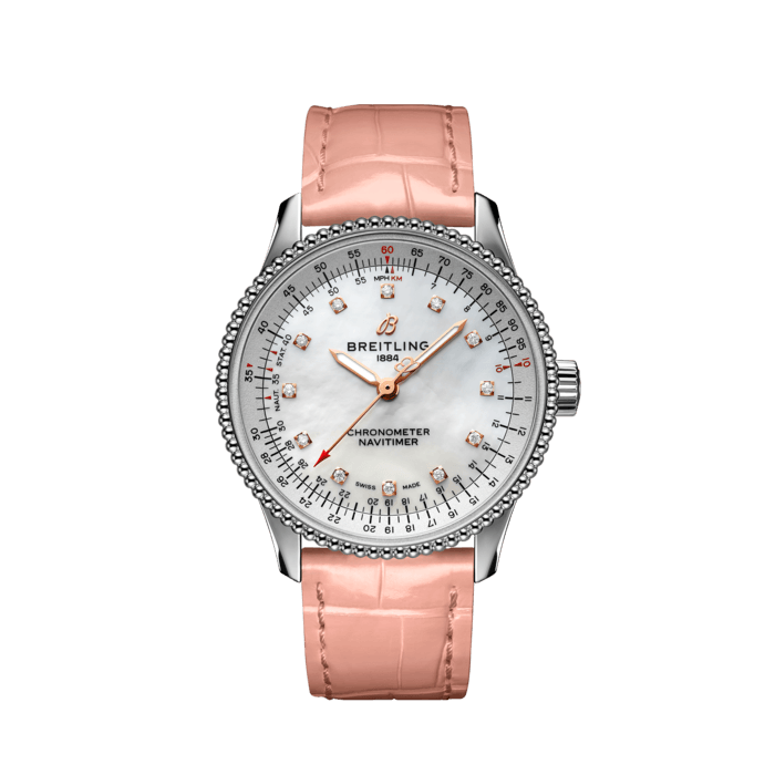 Breitling Navitimer Automatic 35 Mother of Pearl Dial Pink Leather Strap Watch for Women - A17395211A1P3