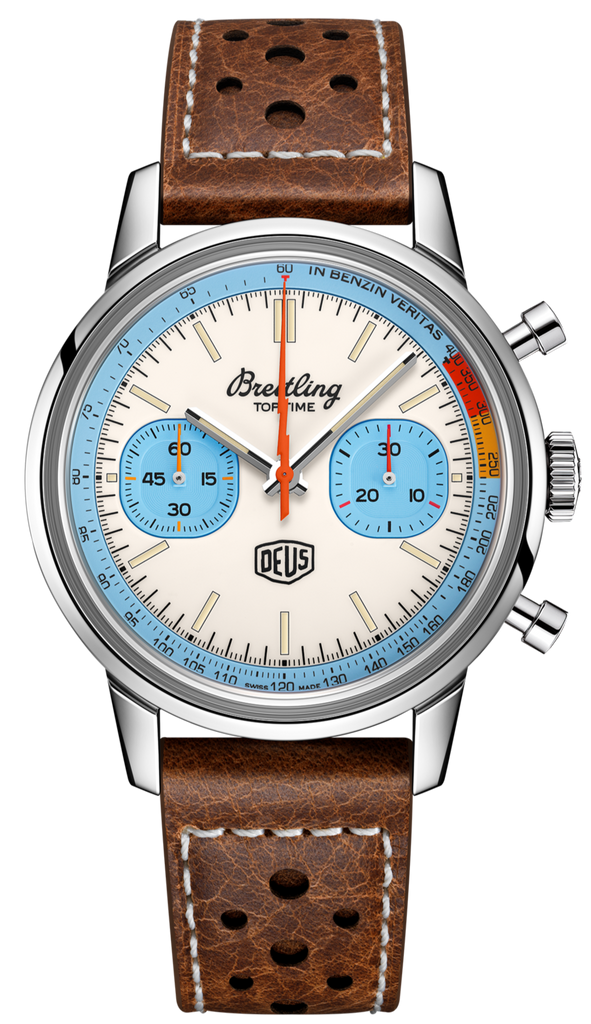 Breitling Top Time Deus Limited Edition White Dial Brown Leather Strap Watch for Men - A233112A1A1X1
