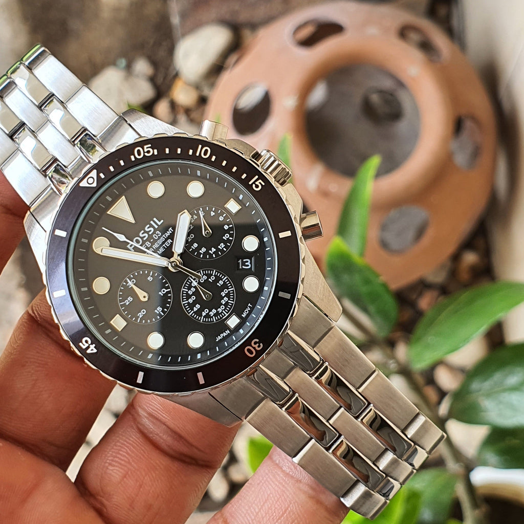 Fossil FS5837 FB-01 Chronograph Men’s Watch – Black Dial with Silver Steel Strap