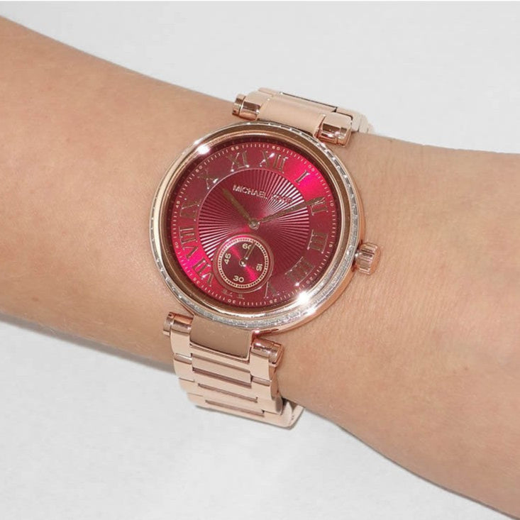Michael Kors Skylar Maroon Dial Rose Gold Steel Strap Watch for Women - MK6086