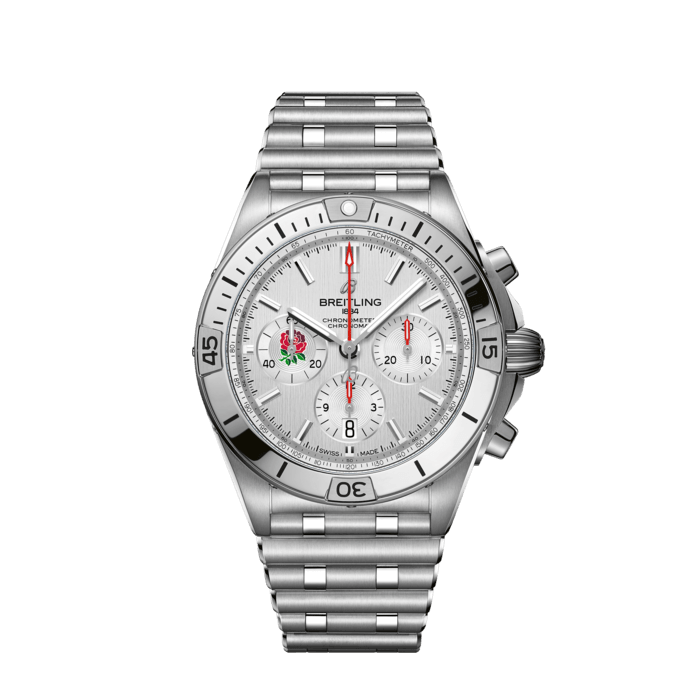 Breitling Chronomat B01 42 Six Nations England White Dial Silver Steel Strap Watch for Men - AB0134A71A1A1