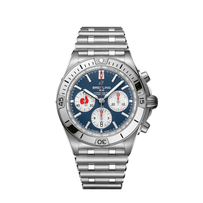 Breitling Chronomat B01 42 Six Nations France Blue Dial Silver Steel Strap Watch for Men - AB0134A81C1A1