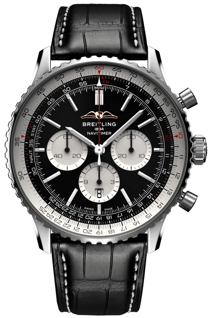 Breitling Navitimer B01 Chronograph 46 Black Dial Black Leather Strap Watch for Men - AB0137211B1P1