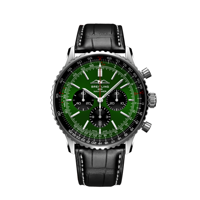 Breitling Navitimer B01 Chronograph 46 Green Dial Black Leather Strap Watch for Men - AB0137241L1P1