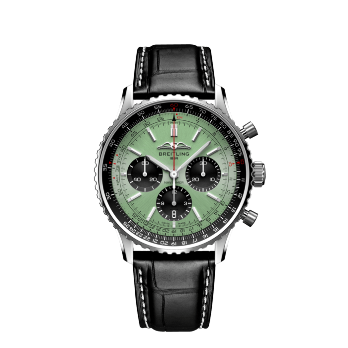 Breitling Navitimer B01 Chronograph 43 Green Dial Black Leather Strap Watch for Men - AB0138241L1P1