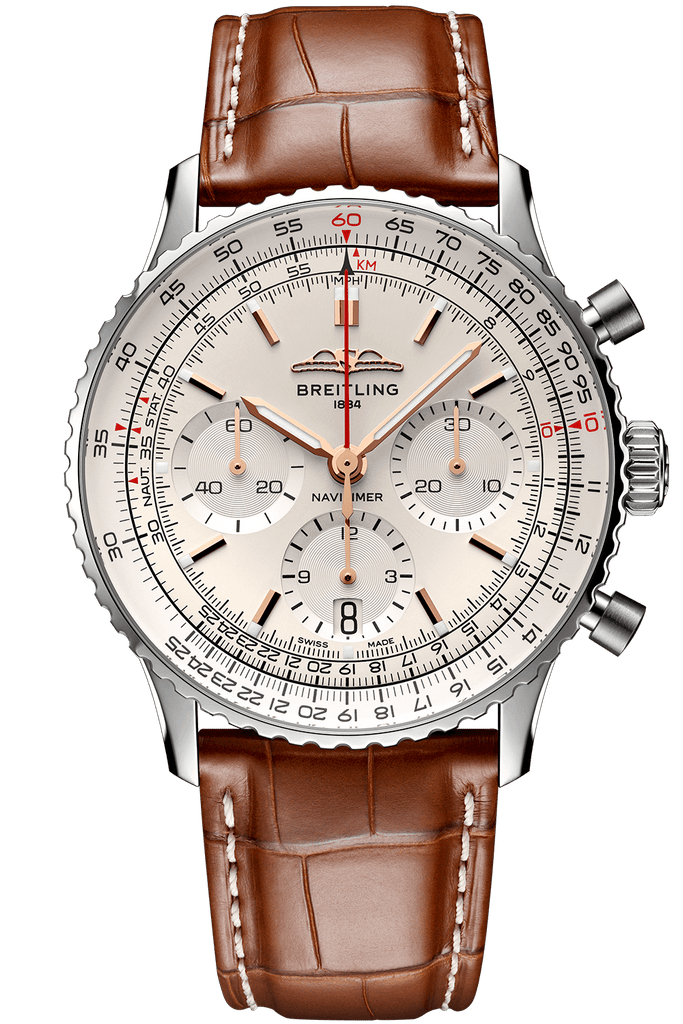 Breitling Navitimer B01 Chronograph 41 White Dial Brown Leather Strap Watch for Men - AB0139211G1P1