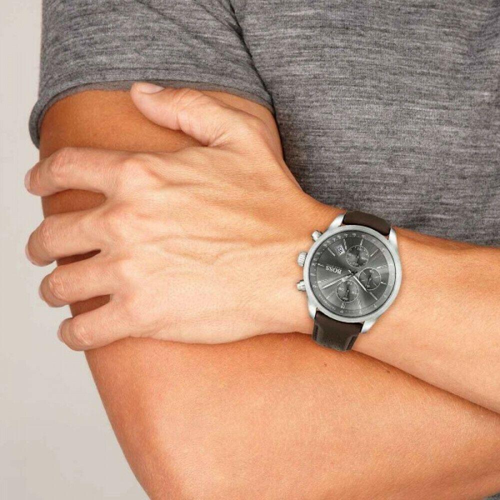 Hugo Boss Grand Prix Grey Dial Brown Leather Strap Watch for Men -  1513476
