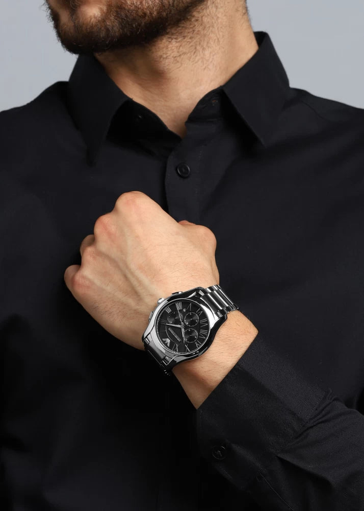 Emporio Armani Valente Chronograph Quartz Black Dial Silver Steel Strap Watch For Men - AR11083