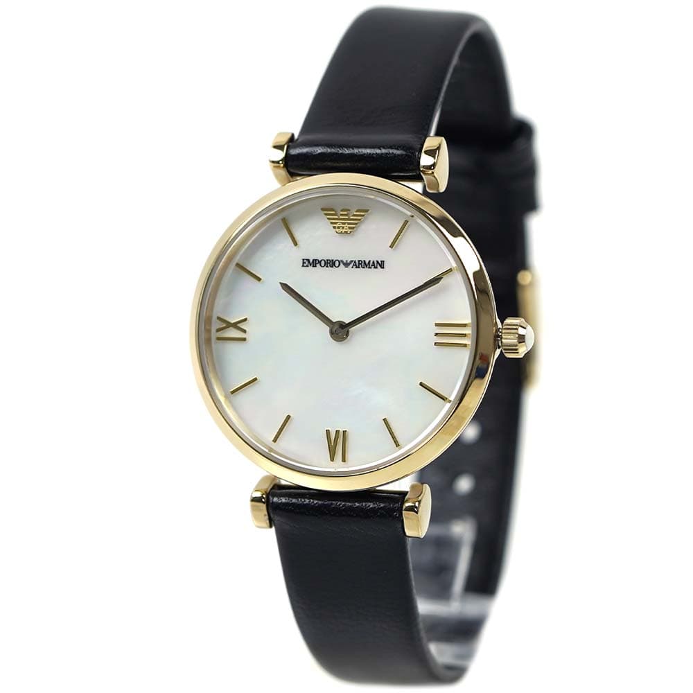 Emporio Armani Gianni T-Bar Quartz Mother of Pearl Dial Black Leather Strap Watch For Women - AR1910