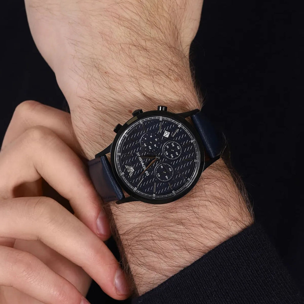 Emporio Armani Renato Chronograph Quartz Blue Dial Blue Leather Strap Watch For Men - AR2481