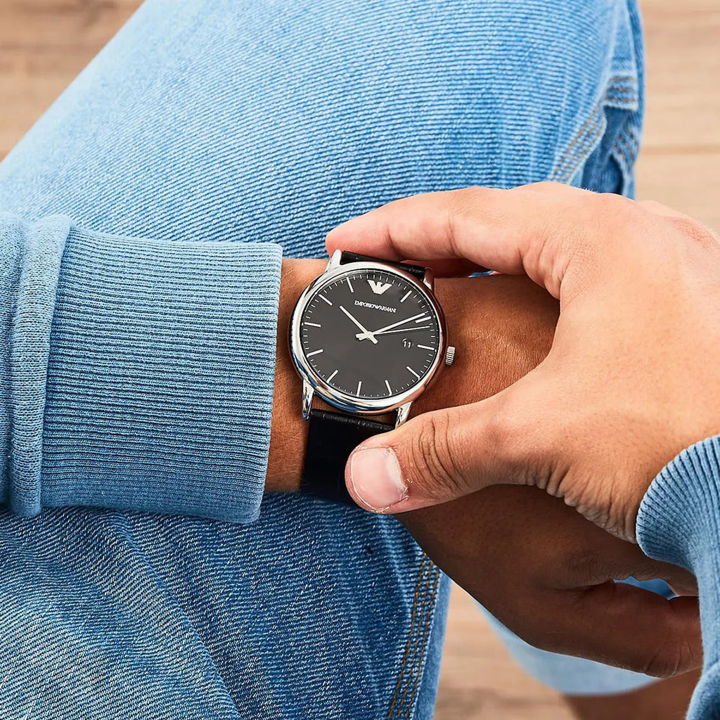Emporio Armani Luigi Quartz Black Dial Black Leather Strap Watch For Men - AR2500