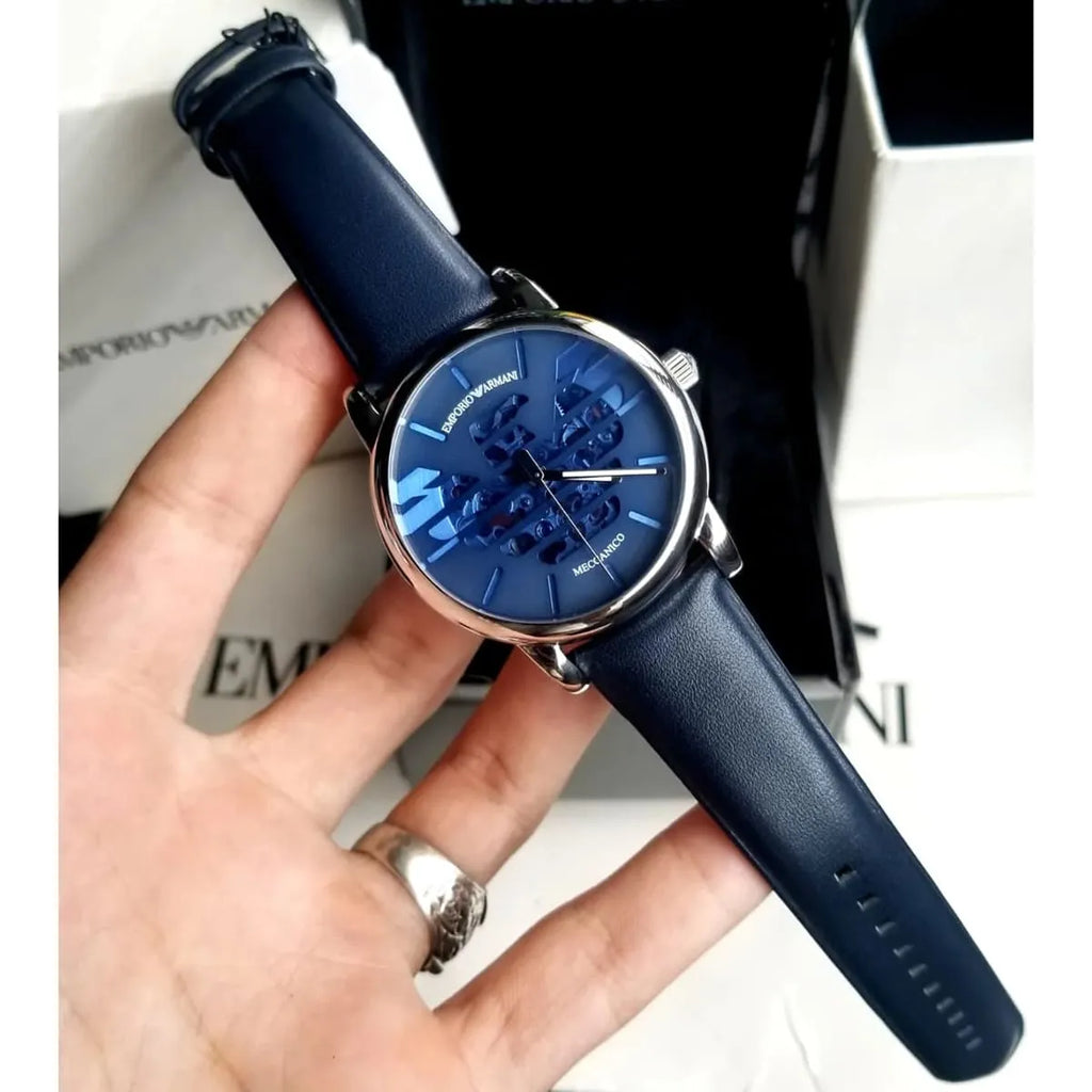 Emporio Armani Luigi Automatic Blue Dial Blue Leather Strap Watch For Men - AR60030