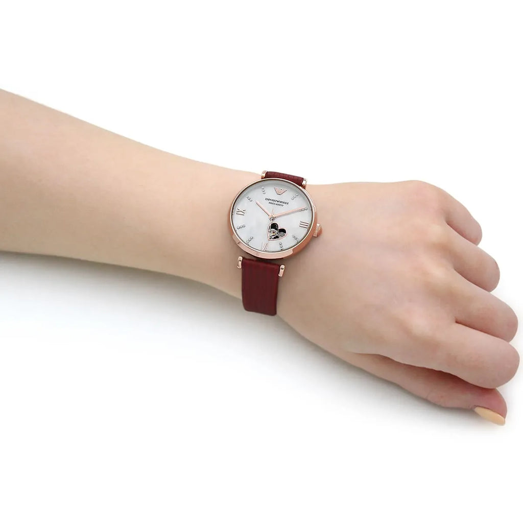 Emporio Armani Gianni T-Bar Mother of Pearl White Dial Red Leather Strap Watch For Women - AR60048