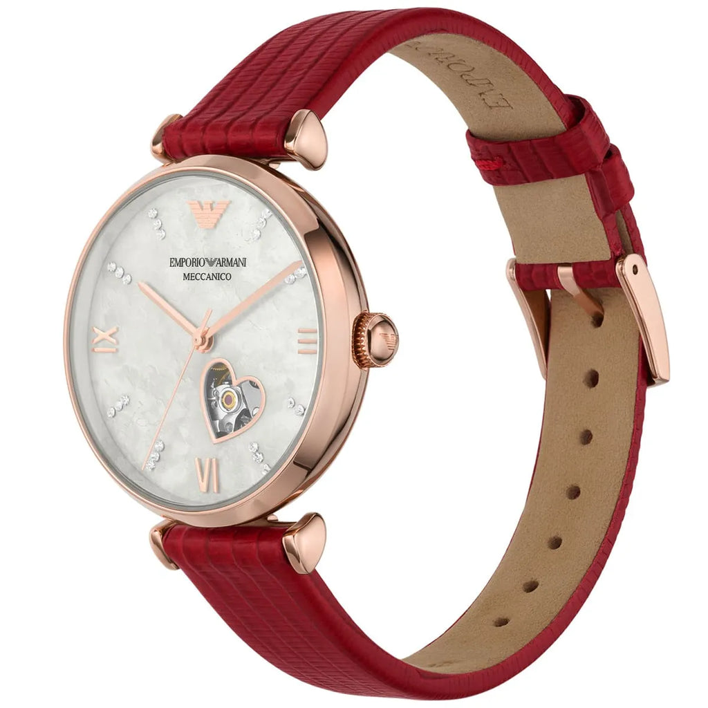 Emporio Armani Gianni T-Bar Mother of Pearl White Dial Red Leather Strap Watch For Women - AR60048