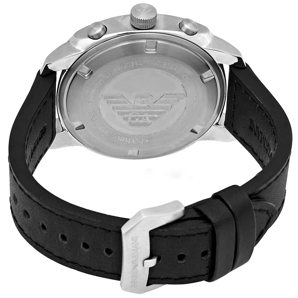 Emporio Armani Sportivo Chronograph Silver Dial Black Leather Strap Watch For Men - AR6054