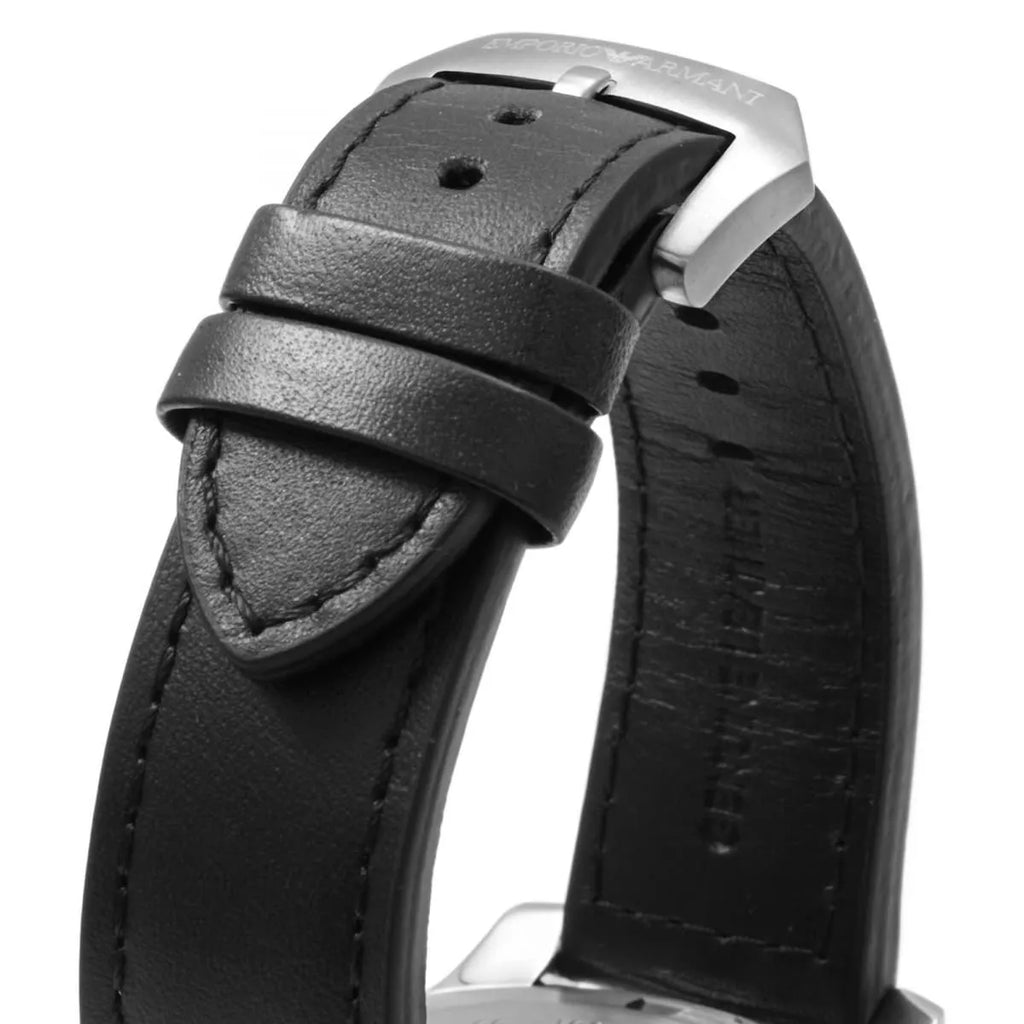 Emporio Armani Sportivo Chronograph Silver Dial Black Leather Strap Watch For Men - AR6054