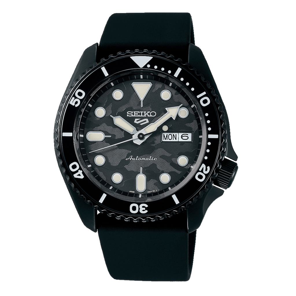 Seiko 5 Sport Automatic Black Dial Black Silicone Strap Watch For Men - SRPD65K3