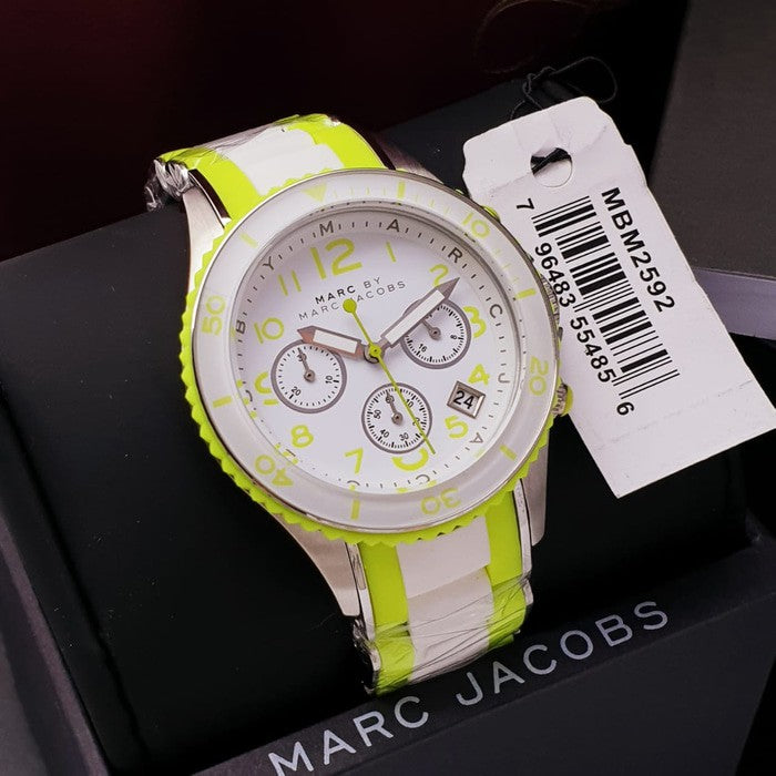 Marc Jacobs Rock Chronograph White Dial White & Green Silicone Strap Watch for Women - MBM2592