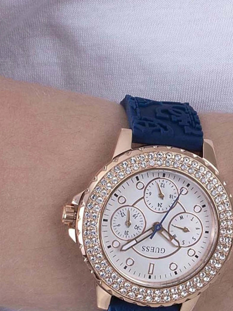 Guess Crown Jewel Diamonds White Dial Blue Rubber Strap Watch for Women - GW0411L2