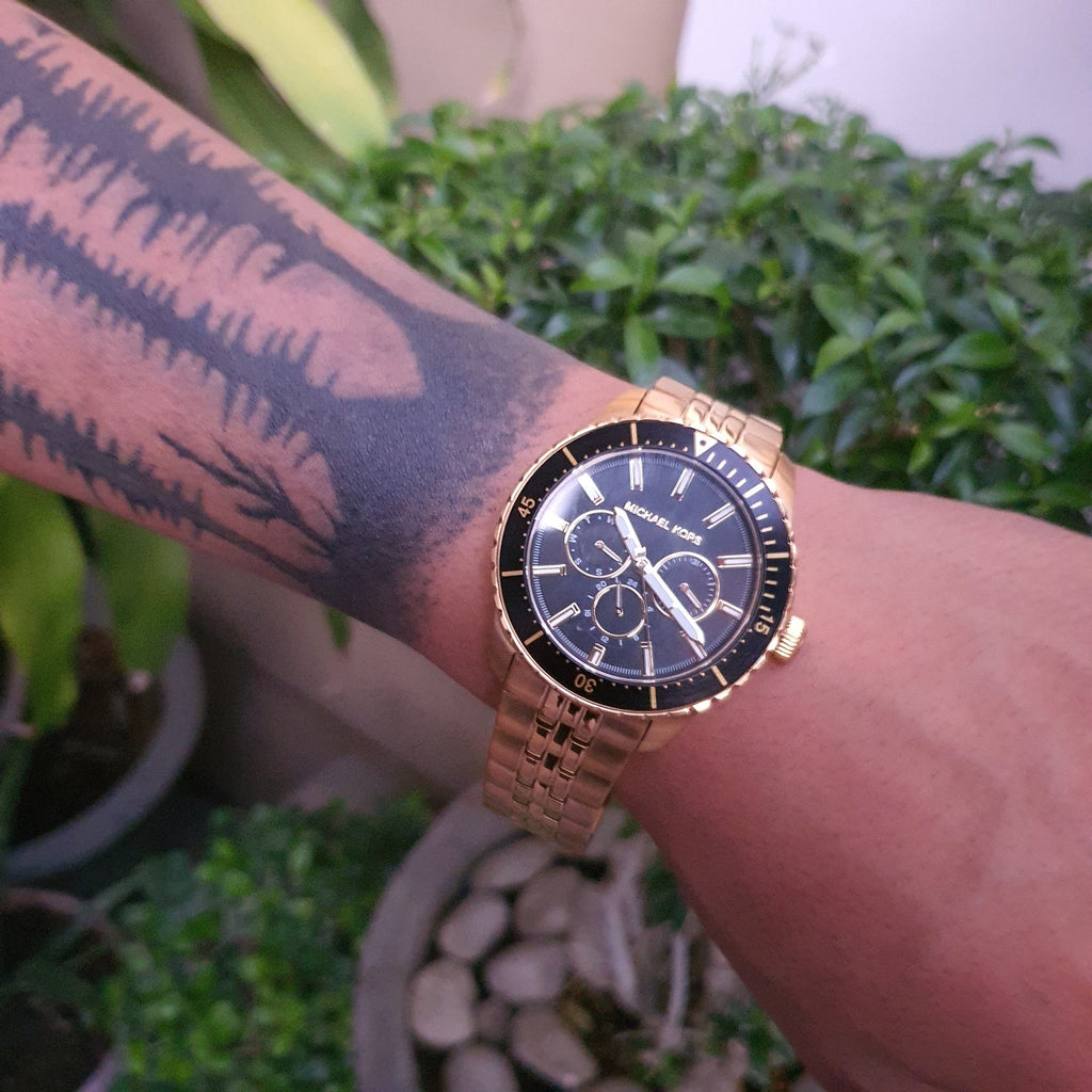 Michael Kors Cunningham Multifunction Black Dial Gold Steel Strap Watch For Men - MK7154