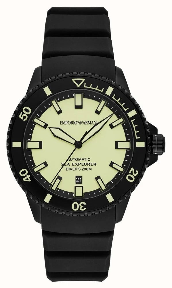 Emporio Armani Sea Explorer Automatic Yellow Dial Black Silicone Strap Watch For Men - AR60085