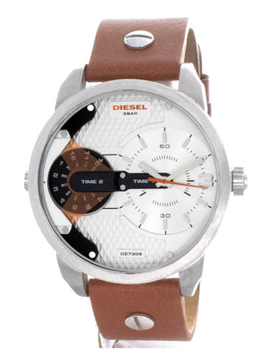 Diesel Mini Daddy Silver Dial Brown Leather Strap Watch For Men - DZ7309