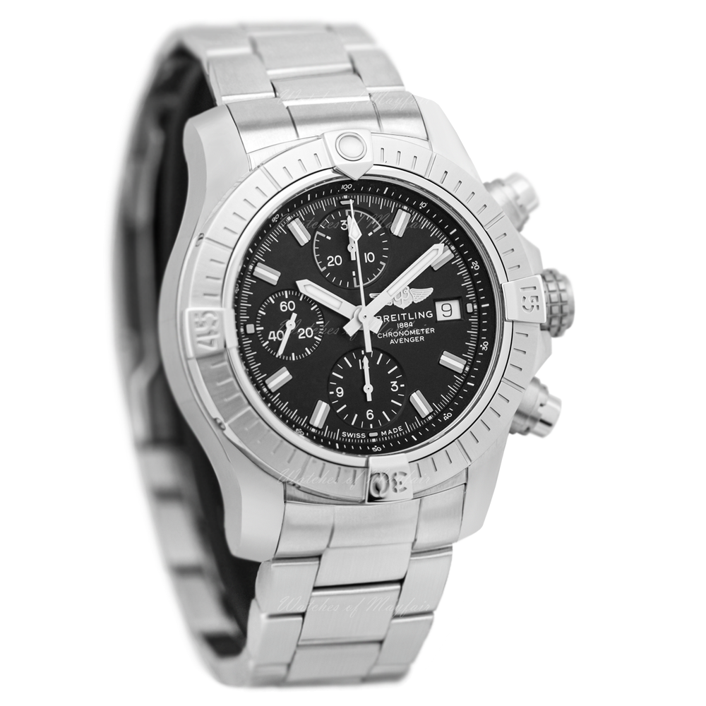 Breitling Avenger Chronograph 43 Black Dial Silver Steel Strap Watch for Men - A13385101B1A1