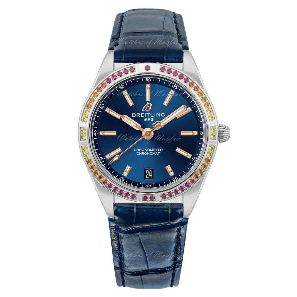 Breitling Chronomat Automatic 36 South Sea Blue Dial Blue Leather Strap Watch for Women - A10380611C1P1