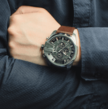 Diesel Mega Chief Chronograph Black Dial Brown Leather Strap Watch For Men - DZ4290