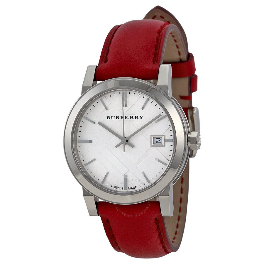 Burberry The City Silver Dial Red Leather Strap Watch for Women - BU9129