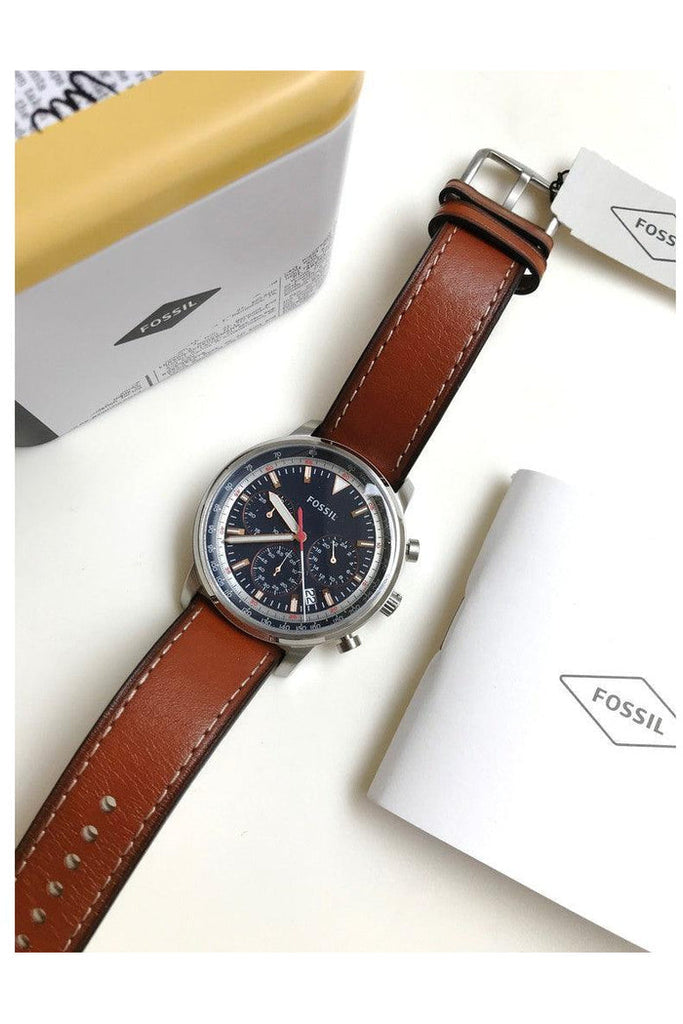 Fossil Goodwin Chronograph Blue Dial Brown Leather Strap Watch for Men - FS5414