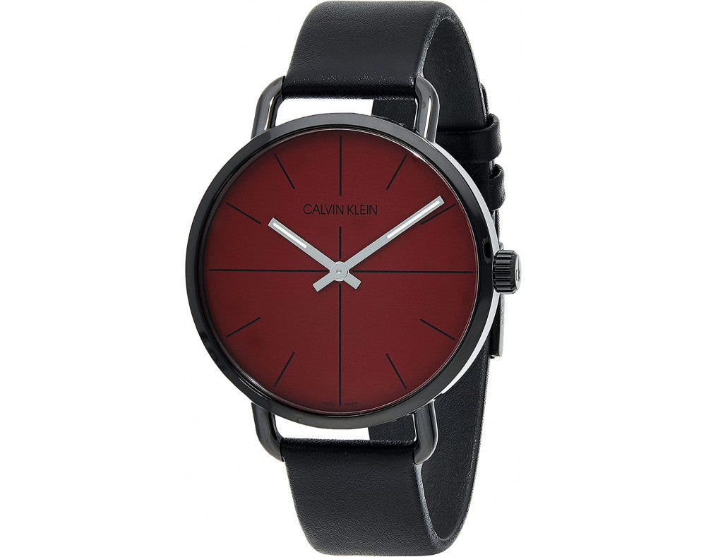 Calvin Klein Even Maroon Dial Black Leather Strap Watch for Men - K7B214CP
