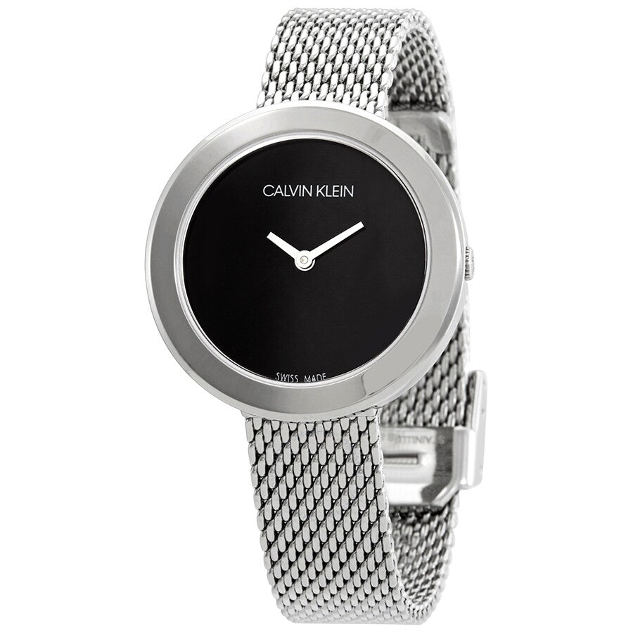 Calvin Klein Firm Black Dial Silver Mesh Bracelet Watch for Women - K3N23121